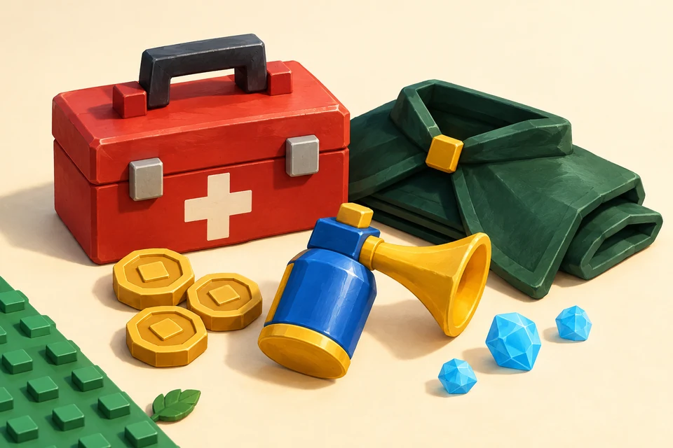 Original decorative still life of a rescue toolbox, cloak, toy airhorn, coins and gems.