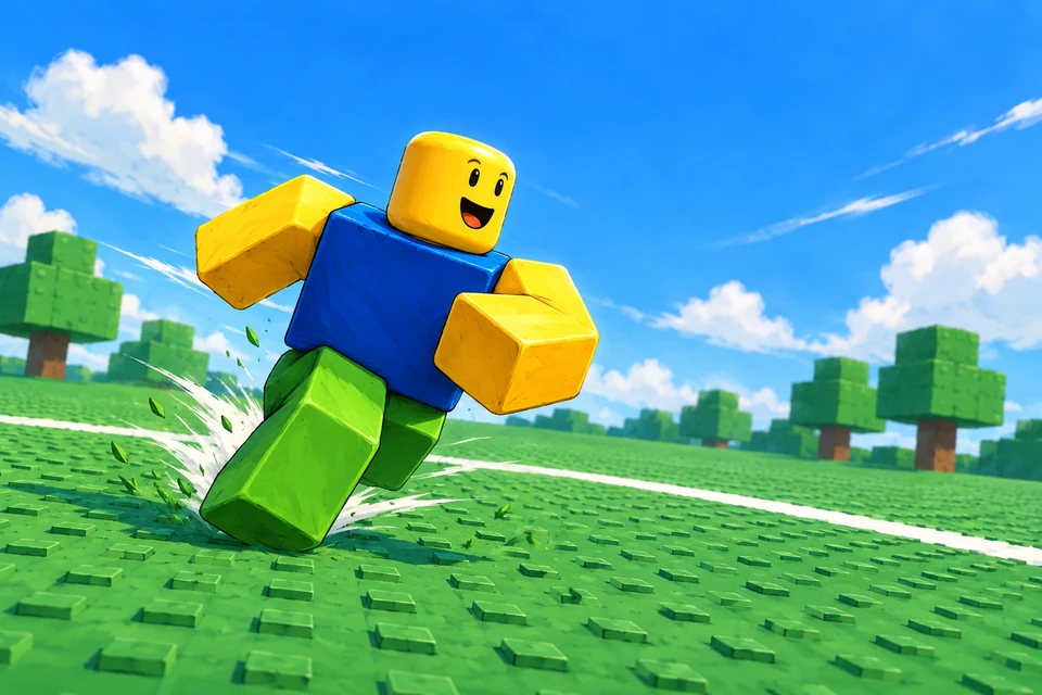 Original fan illustration of a block avatar changing direction on a grassy field.
